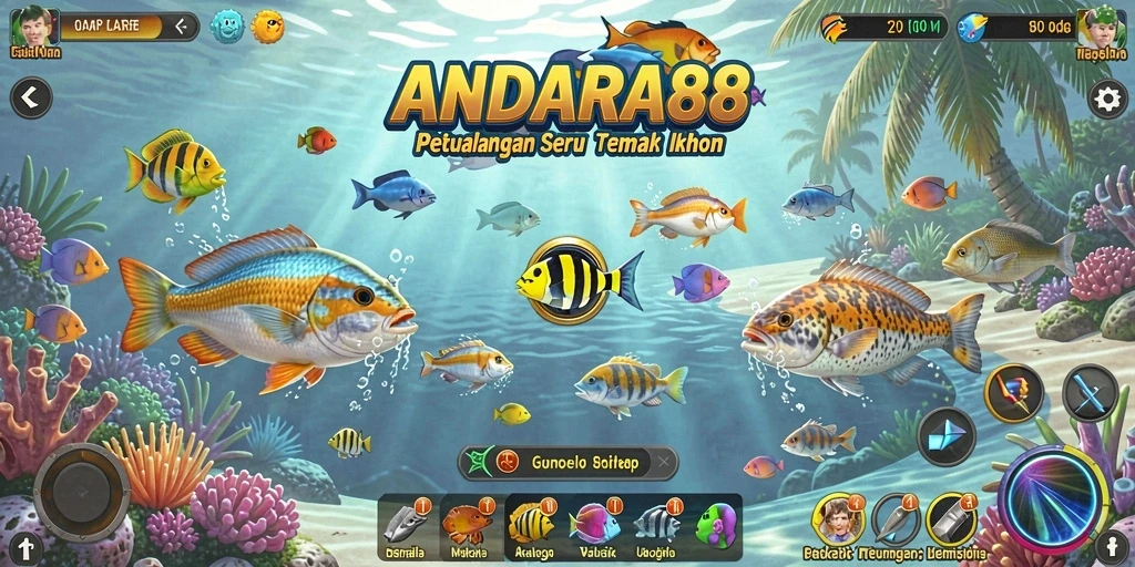 Gameplay seru ANDARA88 saat menangkap ikan berwarna-warni.