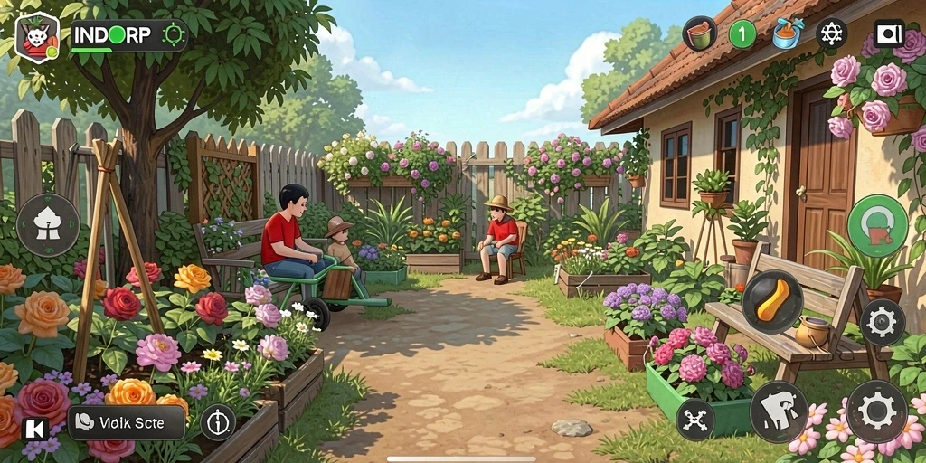 Tampilan gameplay <strong>INDORP</strong> yang menampilkan proses bercocok tanam dan panen.