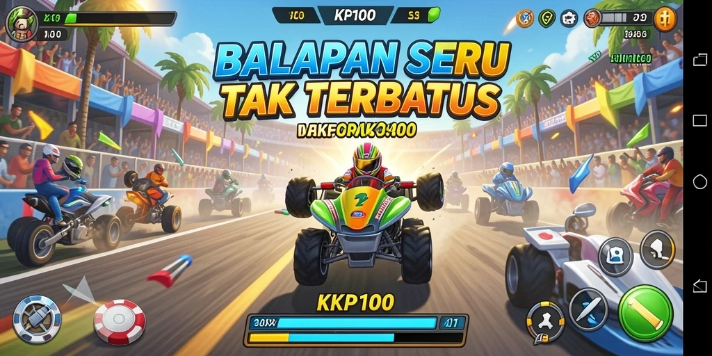 Tampilan gameplay KPK100 dengan balapan yang seru dan mendebarkan.