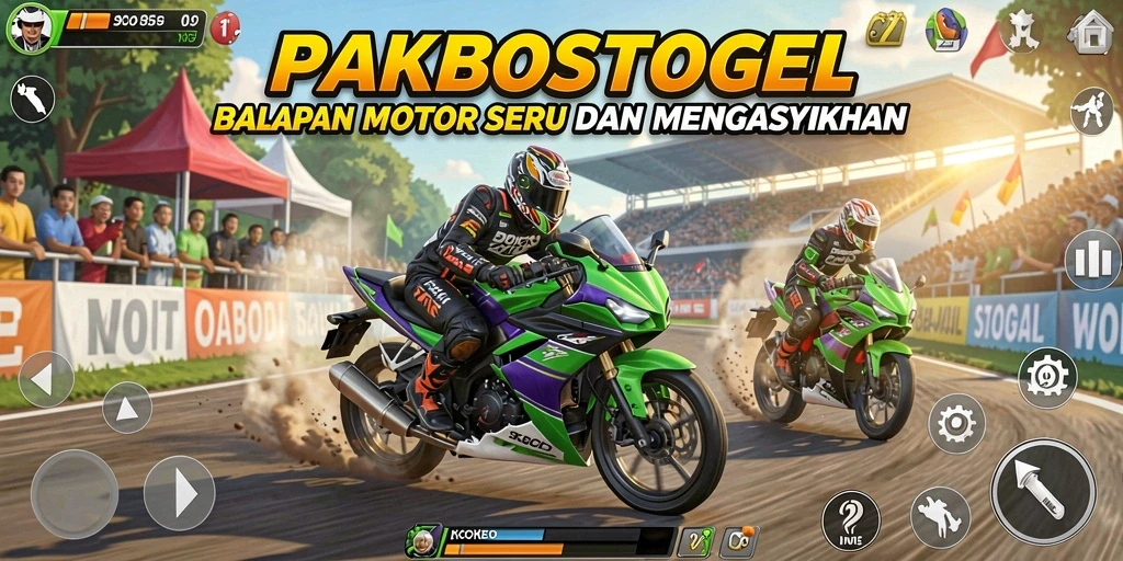 Screenshot gameplay PAKBOSTOGEL menampilkan balapan motor yang mendebarkan.